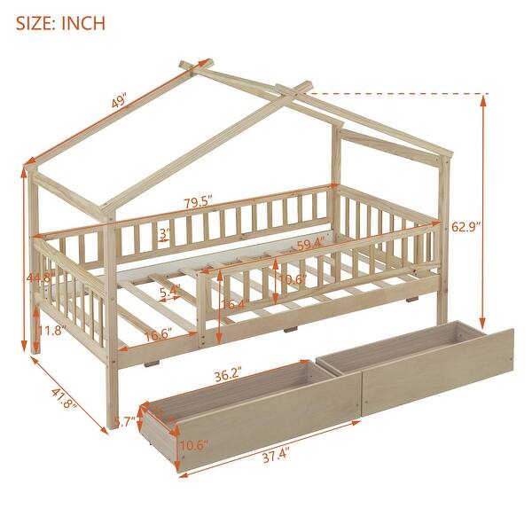 dimension image slide 2 of 4, Wooden House Bed with Two Integrated Drawers, Twin Size