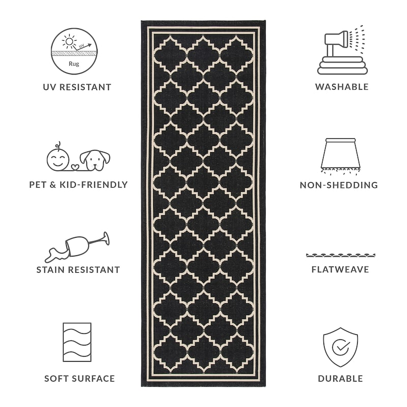 SAFAVIEH Courtyard Willy Indoor /Outdoor Waterproof Patio Backyard Rug - 2'3" x 6'7" Runner - Black/Creme