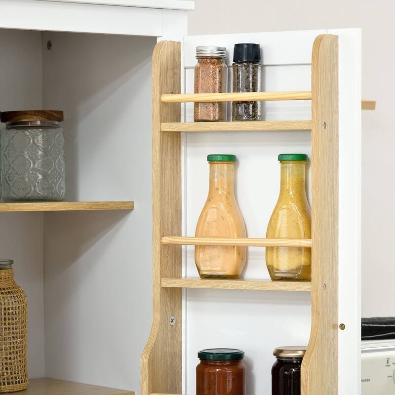 White Kitchen Cabinet with 5-Tier Shelves 8 Spice Racks Adjustable Storage and Metal Drawer - 29.5" L x 15.7" W x 71.7" H