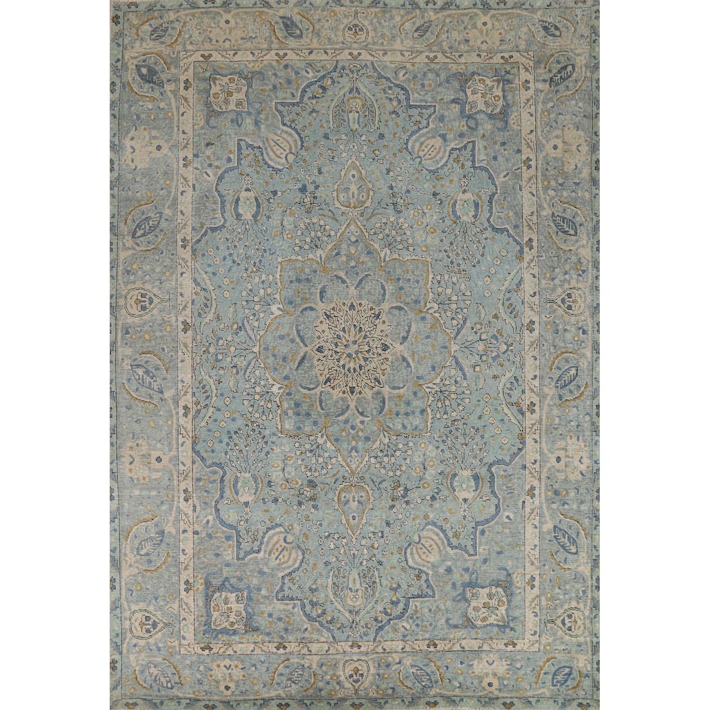 Blue Floral Tabriz Persian Rug Hand-Knotted Traditional Wool Carpet - 7'11"x 10'11"