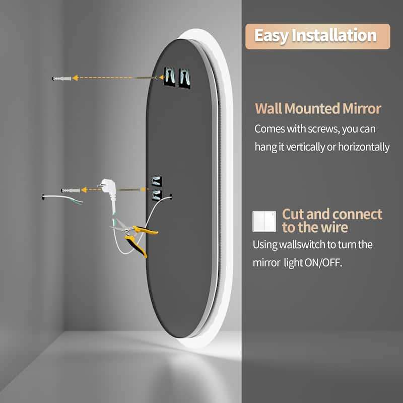 500x800mm Oval Led Bathroom Vanity Mirror with Backlit Dimmable 3 Lights Anti-fog with touch switch. - 19.6x31.5''