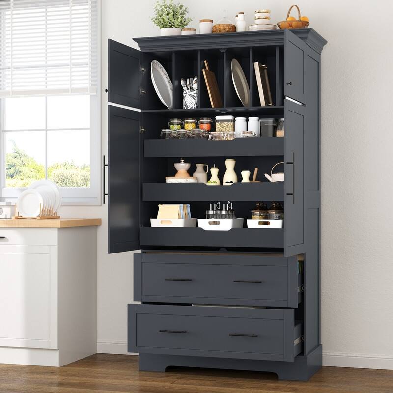 Farmhouse 72.6" Tall Kitchen Pantry with 4 Doors Storage Cabinet , 2 Drawers and Pull-out Trays for Cake Pan Storage Organizer