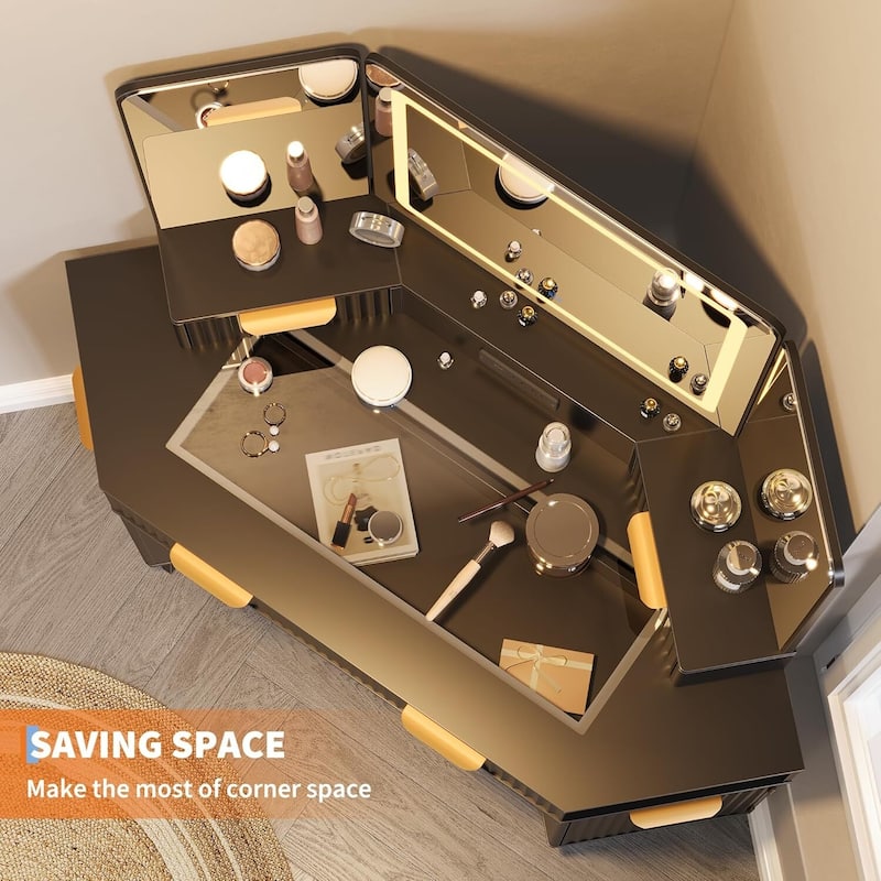 48 inch Fluted Corner Vanity Desk with Lights and Triple Mirror