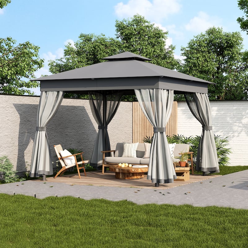 10x10 Outdoor Gazebo Tent with Double Roofs, Patio Gazebo with Mosquito Netting, Canopy for Backyard, Garden, Lawn and Deck - Grey