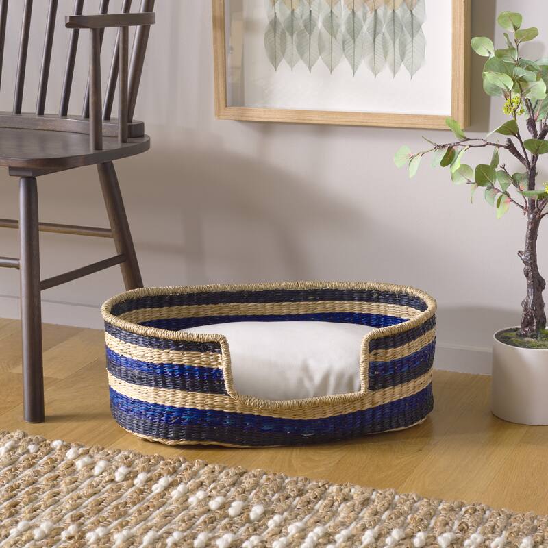 SAFAVIEH Home Elyon 19.7W x 11.8D x 6.3H-inch Beige/Natural/Black/Blue Seagrass Pet Bed with Cushion - 19.7"W x 11.8"D x 6.3"H