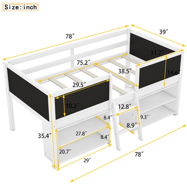dimension image slide 1 of 2, Elegant Twin Size Low Loft Bed with Two Movable Shelves and Ladder, with Decorative Guardrail Chalkboard, Space Saving, White