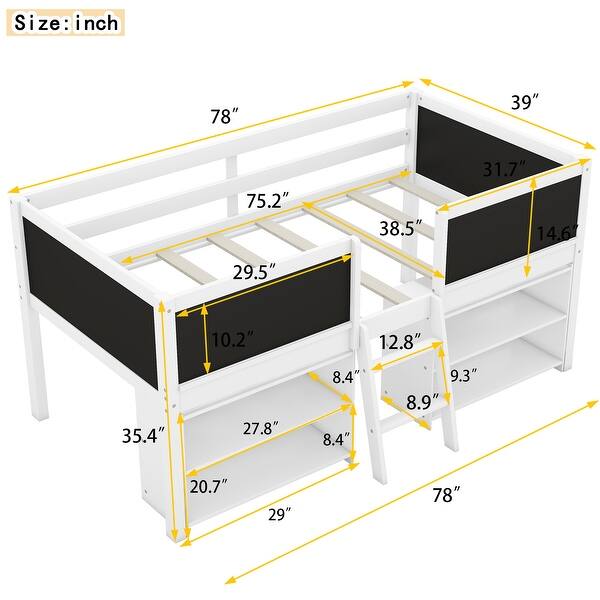 Twin Size Low Loft Kids Bed with Shelf,Ladder,Guardrail Chalkboard