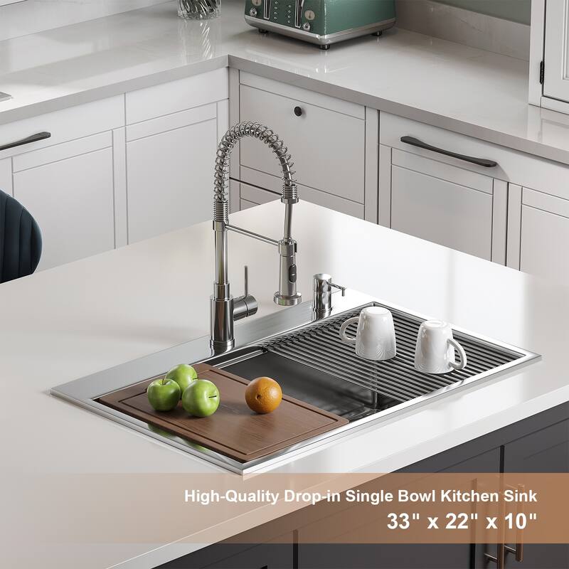 HOROW Drop-in Stainless Steel 33 in. Workstation Ledge Topmount Kitchen Sink 18-Gauge 2-Hole Single Bowl with Integrated Ledge