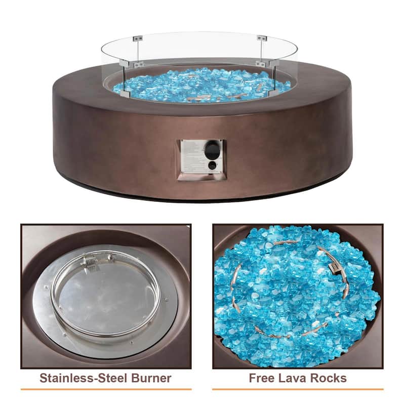 COSIEST 42'' Outdoor Round Propane Fire Pit w Wind Guard and Fire Glass