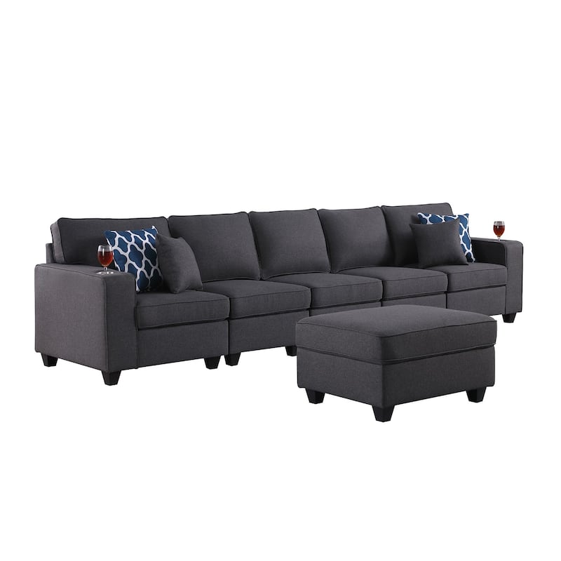 Linen Upholstered 5-Seater Sofa with Ottoman in Dark Gray
