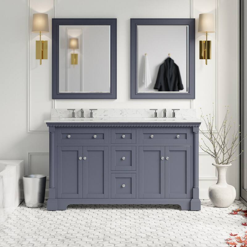 KitchenBathCollection Sydney 60" Double Bathroom Vanity with Engineered Marble Top - Marine Gray
