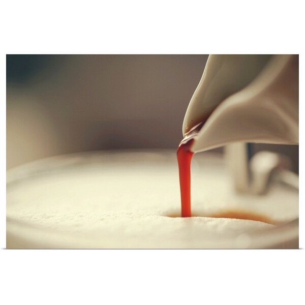 "Close up macro of pouring coffee into glass of milk foam." Poster Print
