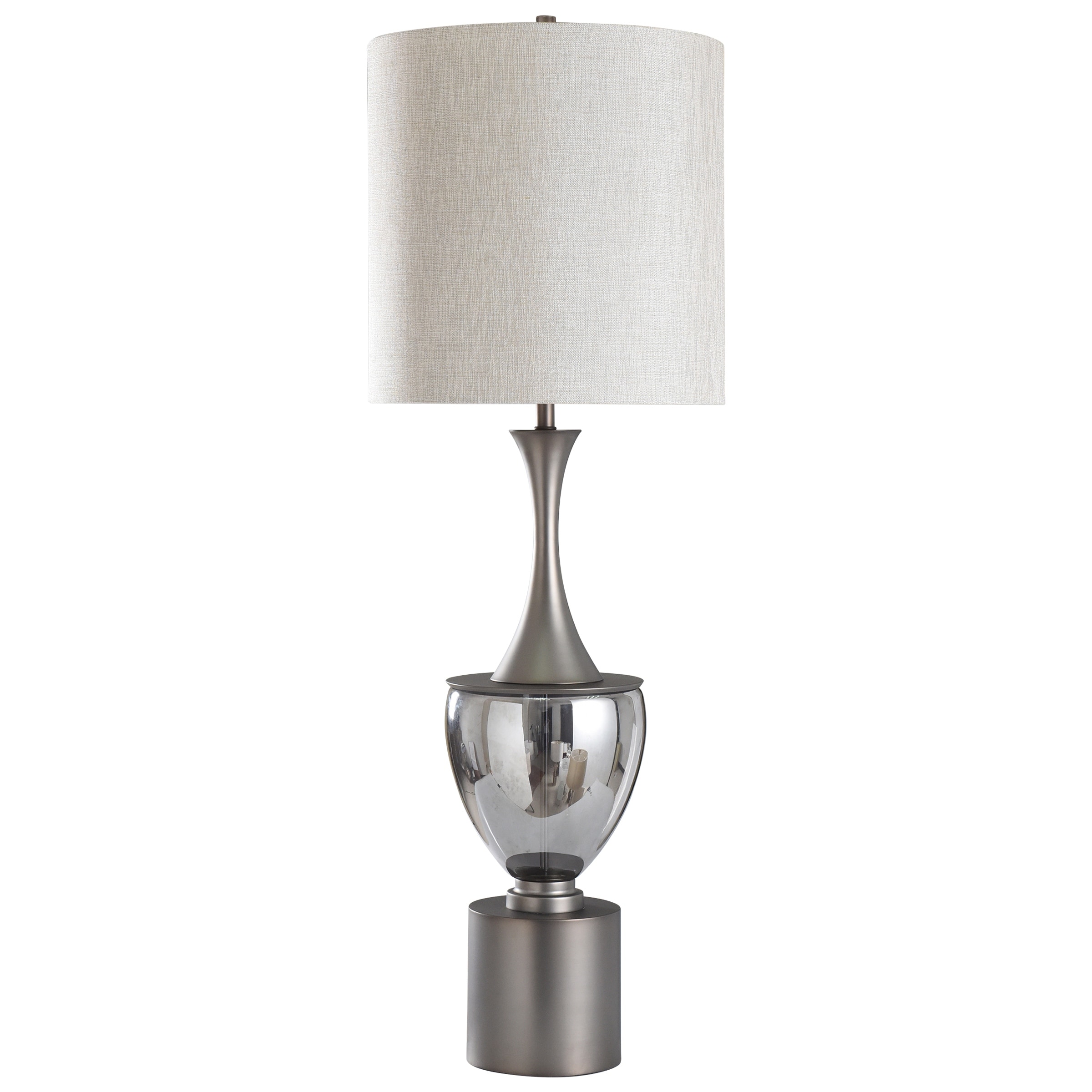 Ward Table Lamp - Smoke Finished Glass with Pewter Finish - Off White Fabric Shade