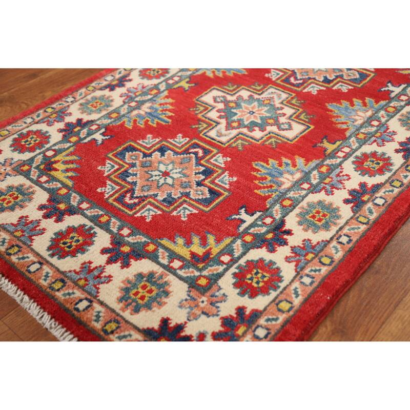 Hand Knotted Oriental 100% Wool Carpet Traditional Geometric Red Kazak Area Rug - 3' 0'' X 2' 0''