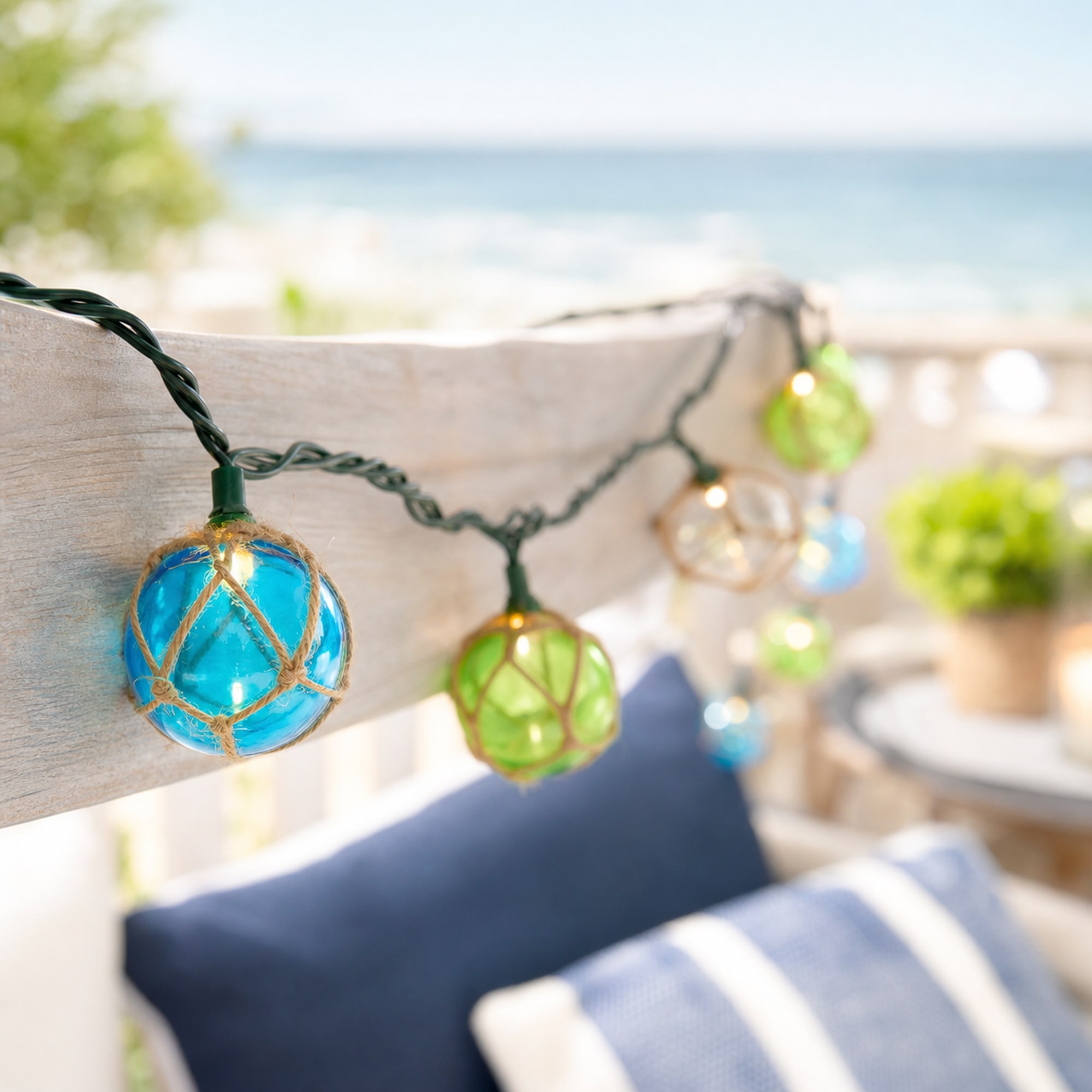 Jute Wrapped Ball Patio Light Set Blue Green 6' Green Wire 10ct