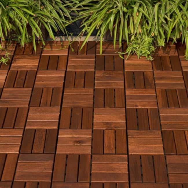 30 PCS Interlocking Deck Tiles Checker Pattern,12" x 12" Light Gray Square Acacia Hardwood Outdoor Flooring
