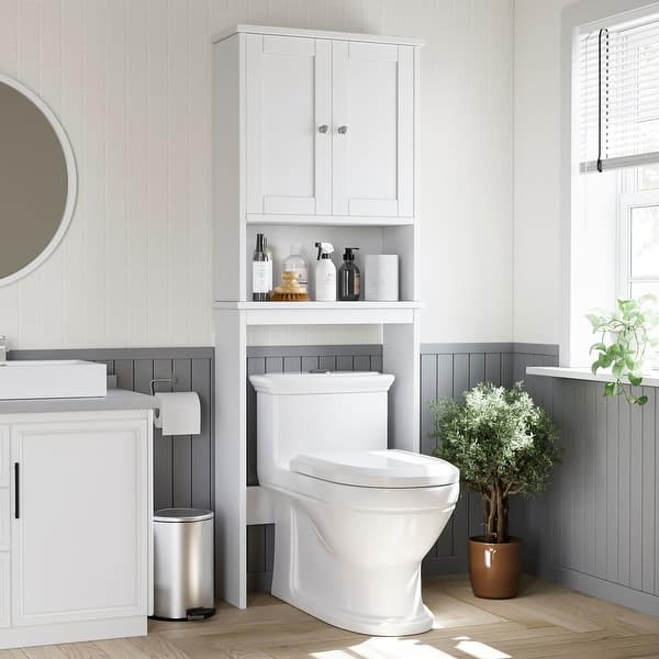 Futzca Over The Toilet Storage Cabinet with Adjustable Shelf & Glass Door - N/A - Wooden/White