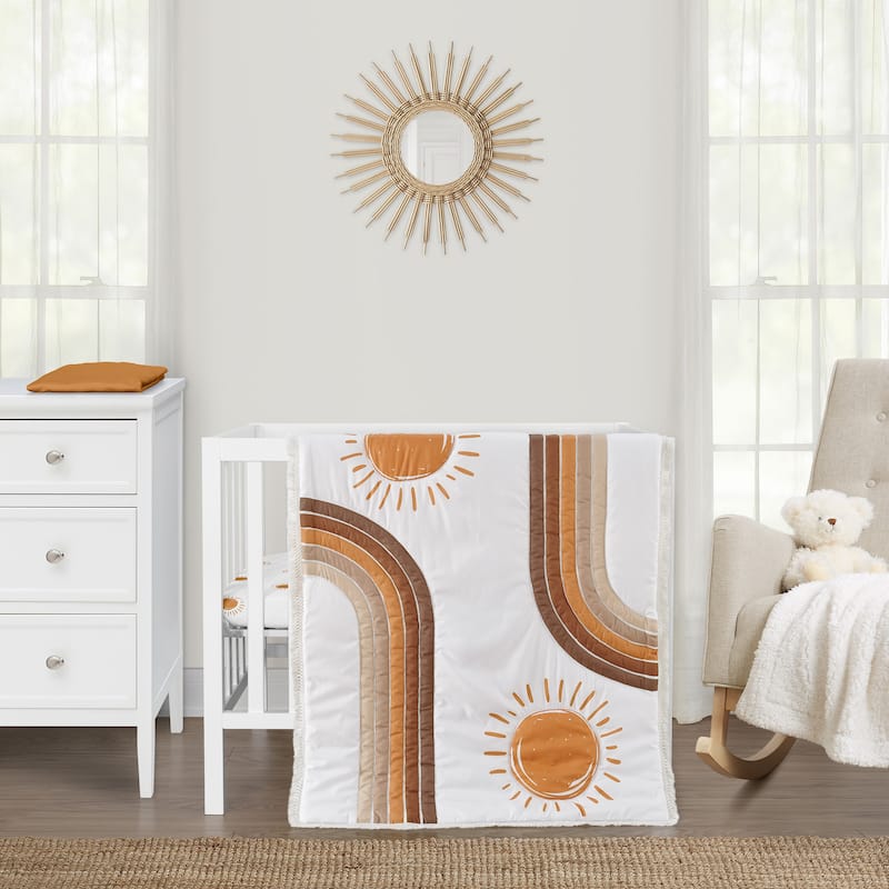Sweet Jojo Designs Rainbow Vintage Boho Sun Boy Girl Gender Neutral Unisex 3pc Mini Crib Bedding Set Orange Bohemian Desert Arch