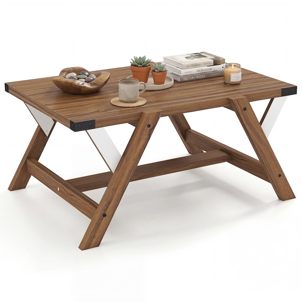 Gymax Coffee Table Farmhouse Center Wooden Table w/ Decorative