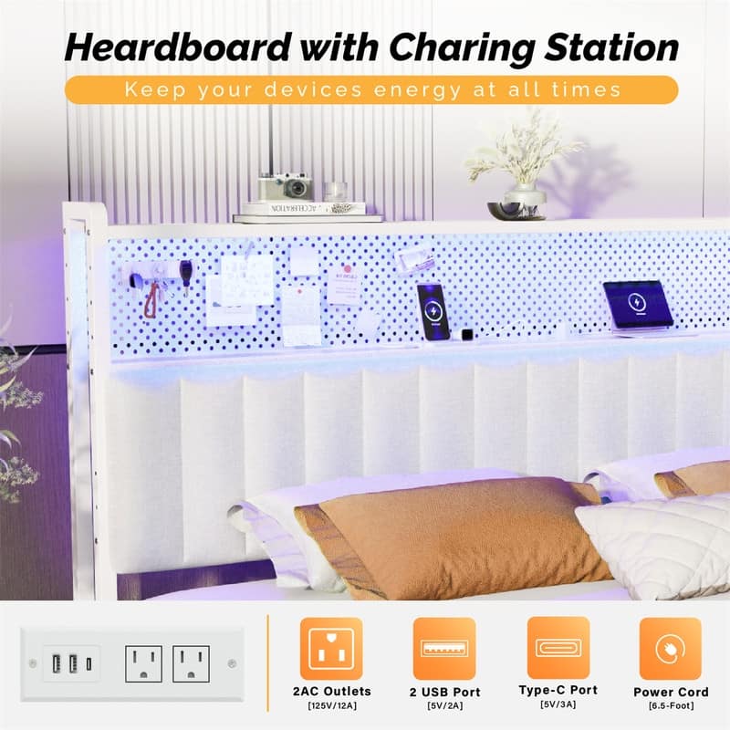 Adjustable Upholstered Headboard with 2 Tier Shelves with Charging Stations and LED Lights, Modern Bed Headboard with Storage