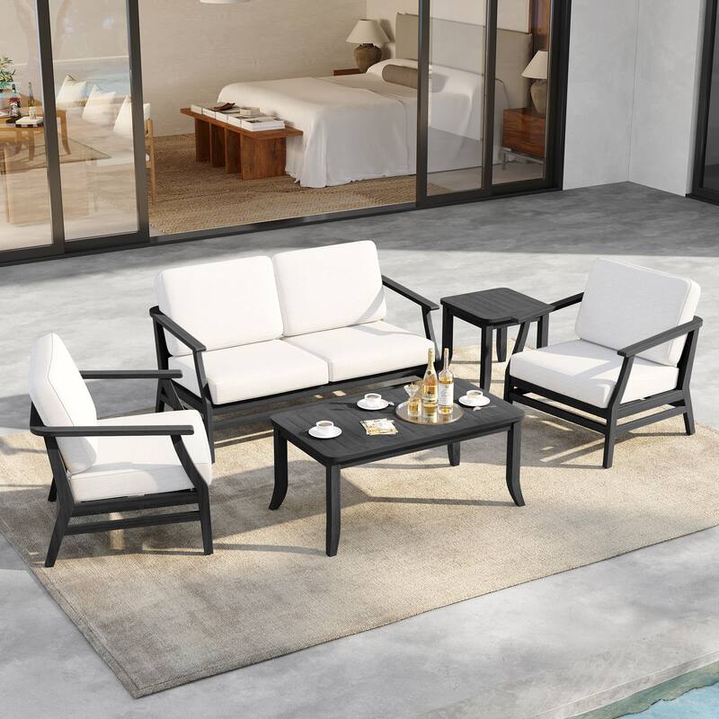 5-Piece Outdoor Teak Wood Patio Conversation Set with Cushions