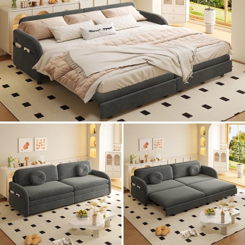 Homy Casa 3-in-1 Convertible Sleeper Sofa Bed, Pull-Out Couch w/ USB, Side Pocket & 4 Pillows, Chenille, 2/3/4-Seat - 4 Grey - 4 Grey