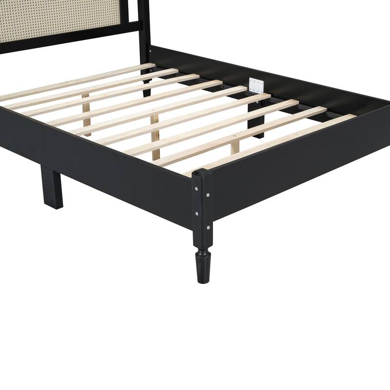 Wood Platform Bed with Natural Rattan Headboard, Minimalist Design for Bedroom