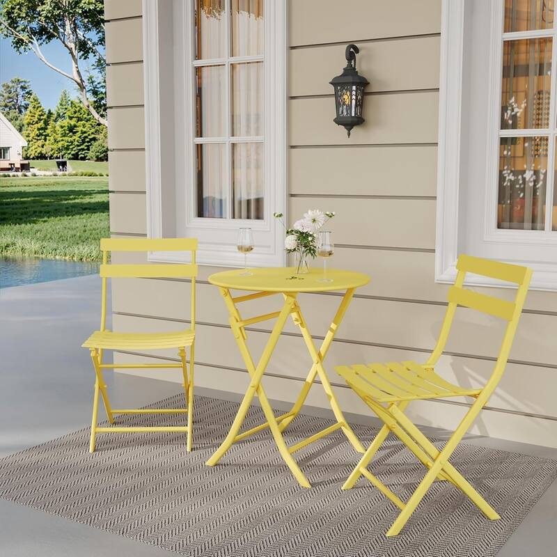 3 Pieces Patio Foldable Round Table and 2 Chairs - Yellow