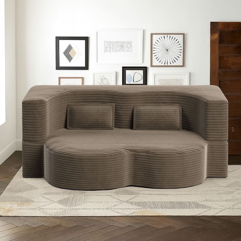 Modern Minimalist Compressed Upholstered Convertible Two-Seater Sofa Bed with 2 Pillows -  Coffee Corduroy