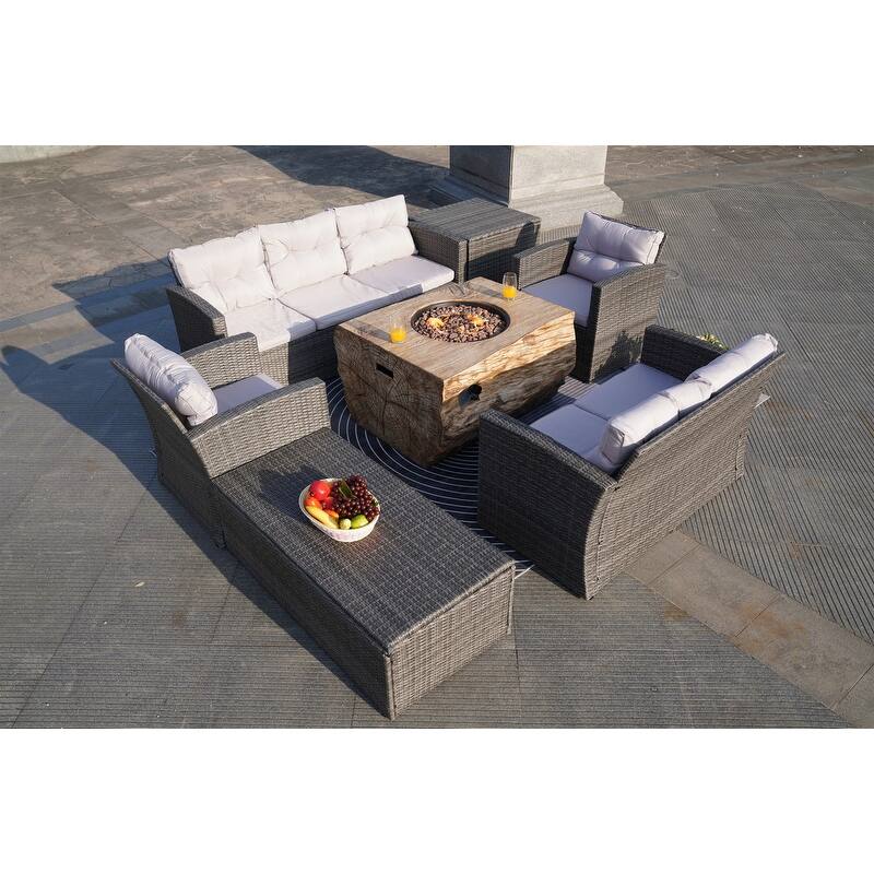 7-Piece Outdoor Wicker Conversation Sofa Set with Fire Pit