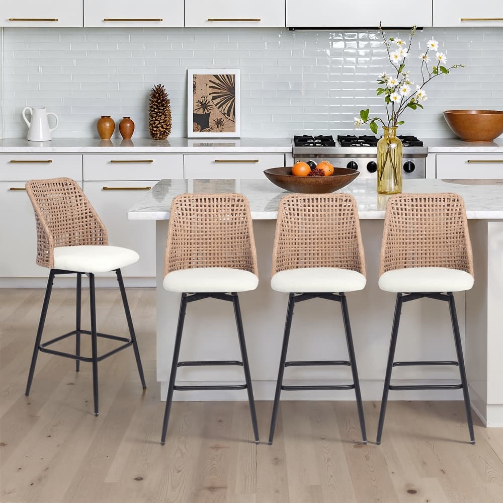 Modern Wicker 28.6" Upholstered Counter Bar Stool With Back Set of 4