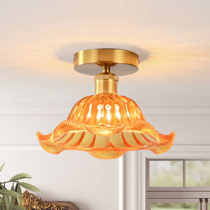1-Light Retro Flower-Shaped Mertal Semi-Flush Mount Ceiling Light with Amber/Green Textured Glass Shade