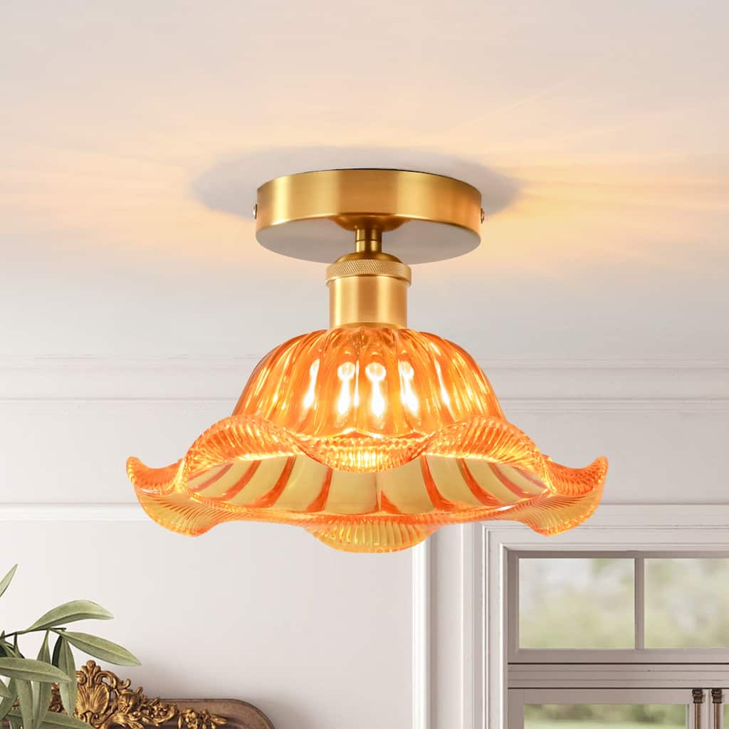 1-Light Retro Flower-Shaped Mertal Semi-Flush Mount Ceiling Light with Amber/Green Textured Glass Shade