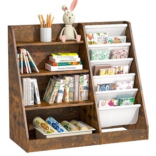 Kids Bookshelf Baby Bookcase 4-Tier for Nursery Book Toy Storage Organizer 5 Sling Book Display Shelf Book Rack Wood Classroom