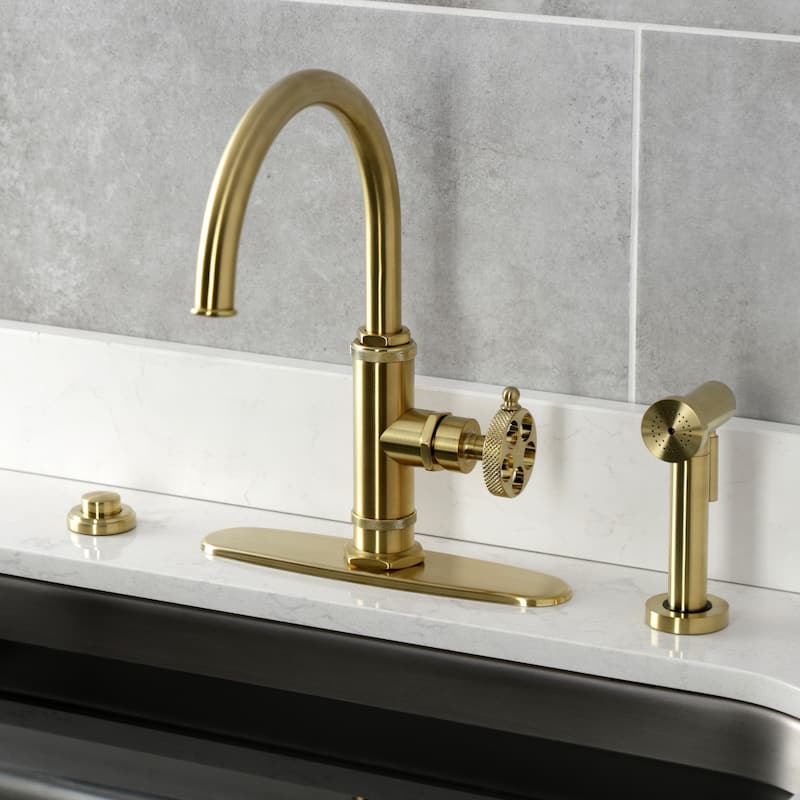 Kingston Brass Webb Single-Handle 1-Hole Deck Mount Kitchen Faucet with Knurled Handle and Brass Side Sprayer