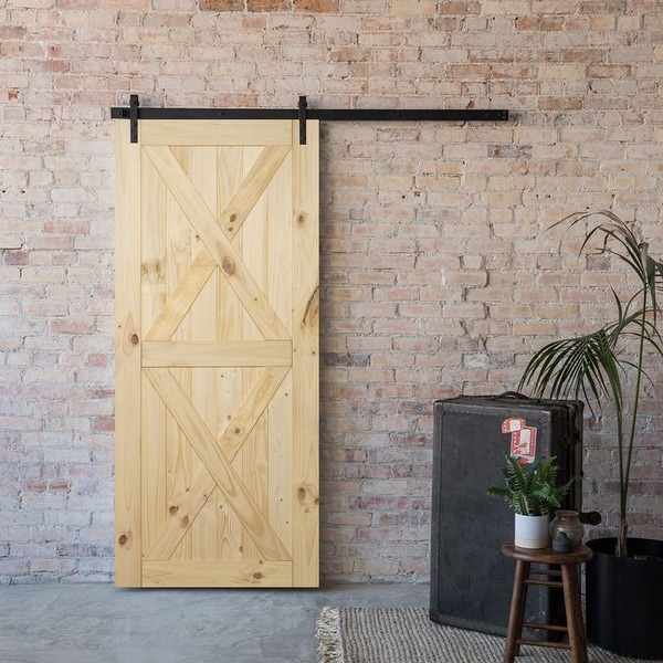 BELLEZE Pine Unfinished Sliding DIY Barn Double X Door 36" x 84" - standard. Opens flyout.
