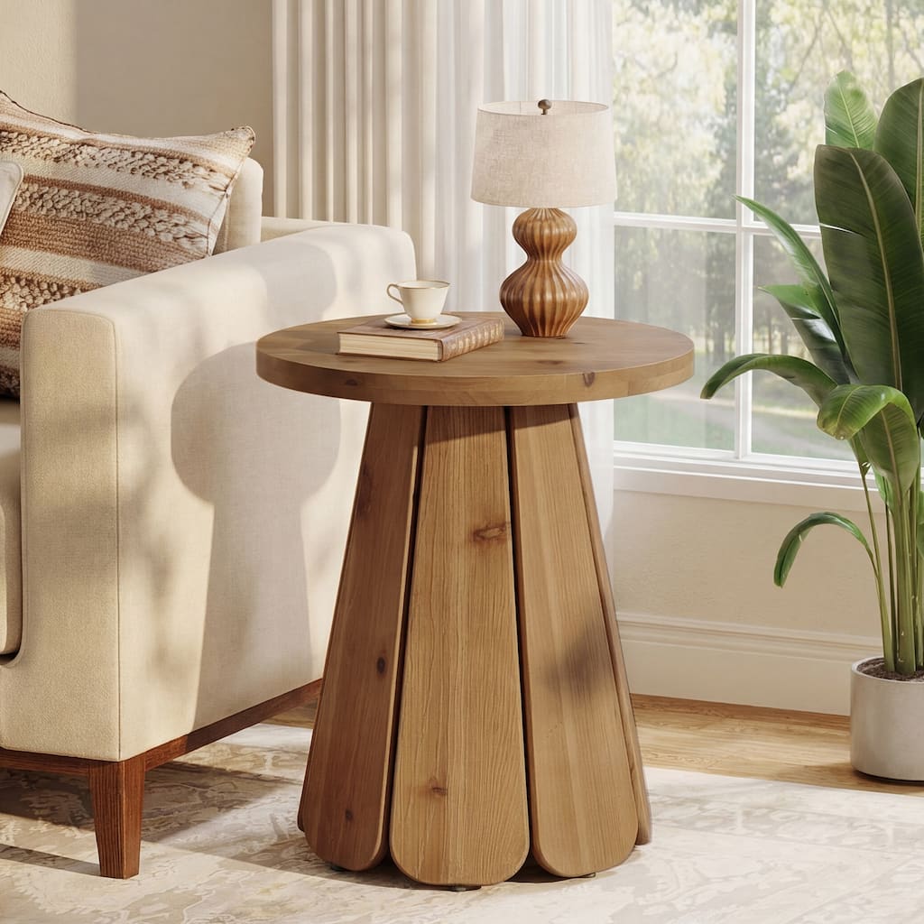 20 Inch Solid Wood End Table for Living Room, Round Side Table for Bedroom