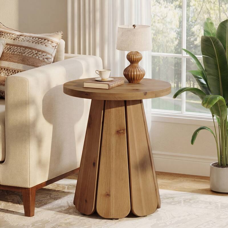 20 Inch Solid Wood End Table for Living Room, Round Side Table for Bedroom - 1-Piece