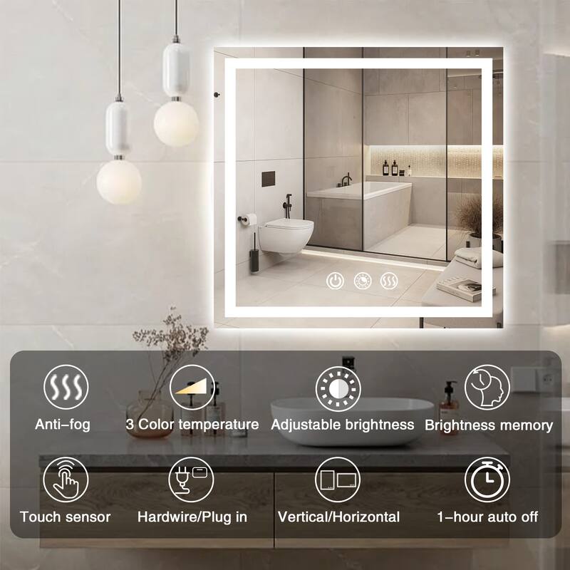 FTL Large LED Bathroom Vanity Mirror Wall Mounted Dimmable Anti-fog,Frameless,3-Color - 32×24in