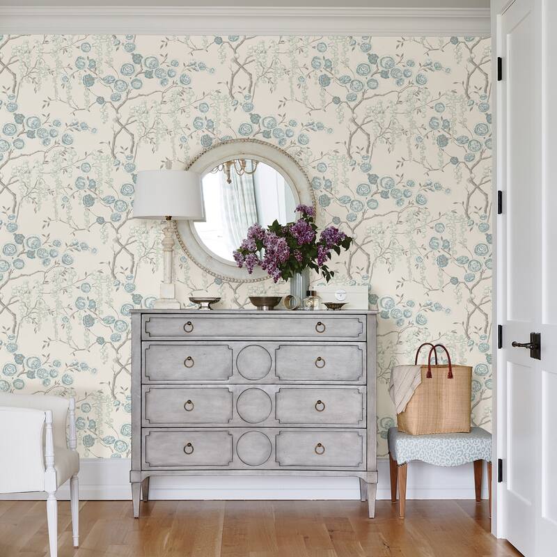 A-Street Prints Aqua Peony Tree Wallpaper