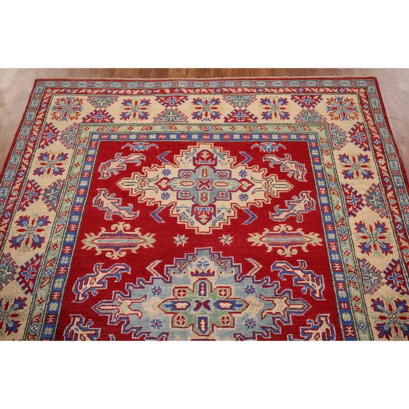 Geometric Red Kazak Rug Handmade Oriental Wool Carpet - 5'1" x 6'9"