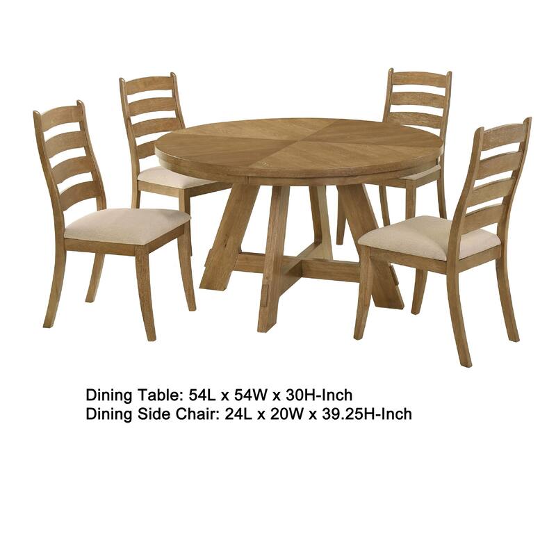 Danie 5pc Round Dining Table Set, Oak Brown Hardwood, 4 Beige Chairs