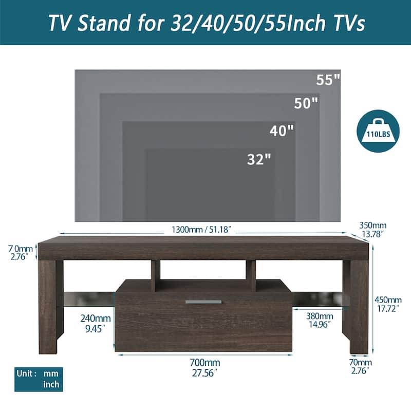 51.18" TV Stand with The Toughened Glass Shelf and LED Color Changing Lights for TVs Up to 55"
