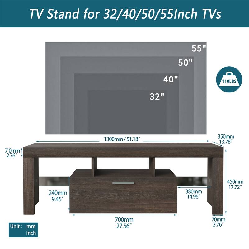 TV Stand with 3 Open Shelves, LED Color Changing Lights, Toughened Glass Shelf Floor Cabinet Floor TV Wall Cabinet