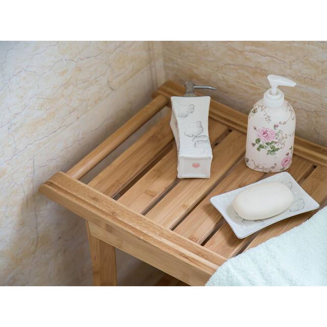 Kinbor Bamboo Shower Bench Stool Spa Bath Seat, Shower Chair, Shoe Organizer w/ Storage Shelf