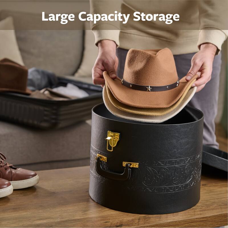 Creative Scents Cowboy Round Hat Box Storage With Gold Locking Lid