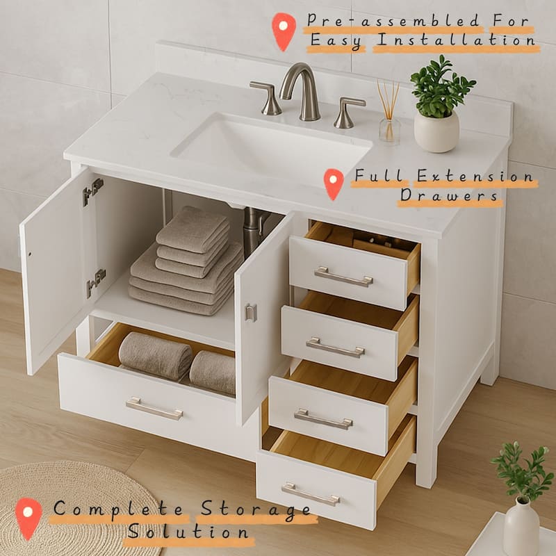 Prismatica 42 inch Bathroom Vanity Set in White, Middle Sink