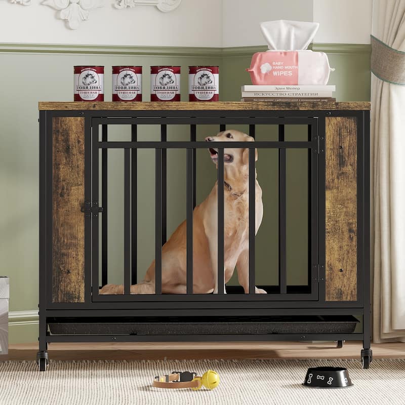 GDFStudio - Kary Wooden Dog Crate Furniture with Iron Door and Tray for Medium/Small Dogs