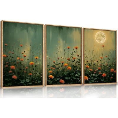 Full Moon Wildflower Framed Canvas Wall Art Set