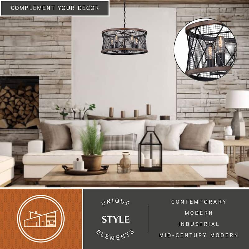 Bremerton 5 Light Black and Wood Cage Drum Chandelier - 20-in W x 11.5-in H x 20-in D